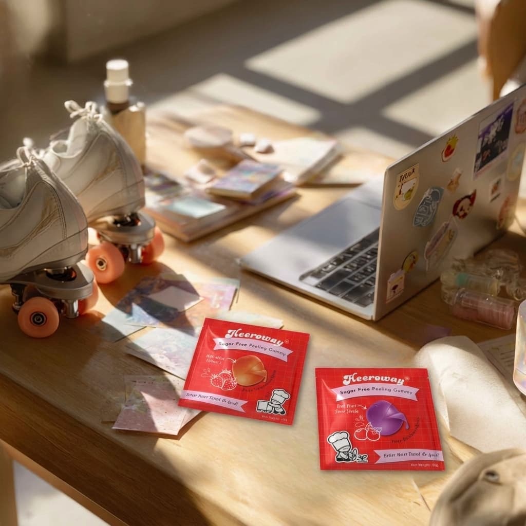 Heeroway peeling gummies blueberry and strawberry table on a study desk beside an open laptop. 