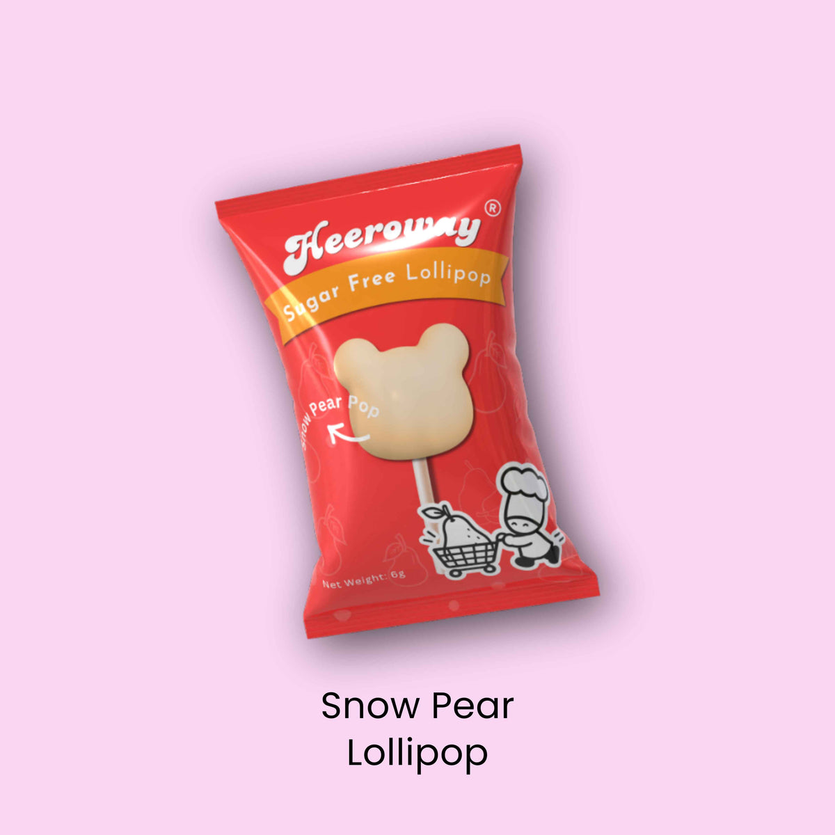 heeroway snow pear lollipop pillow packaging in light purple background 