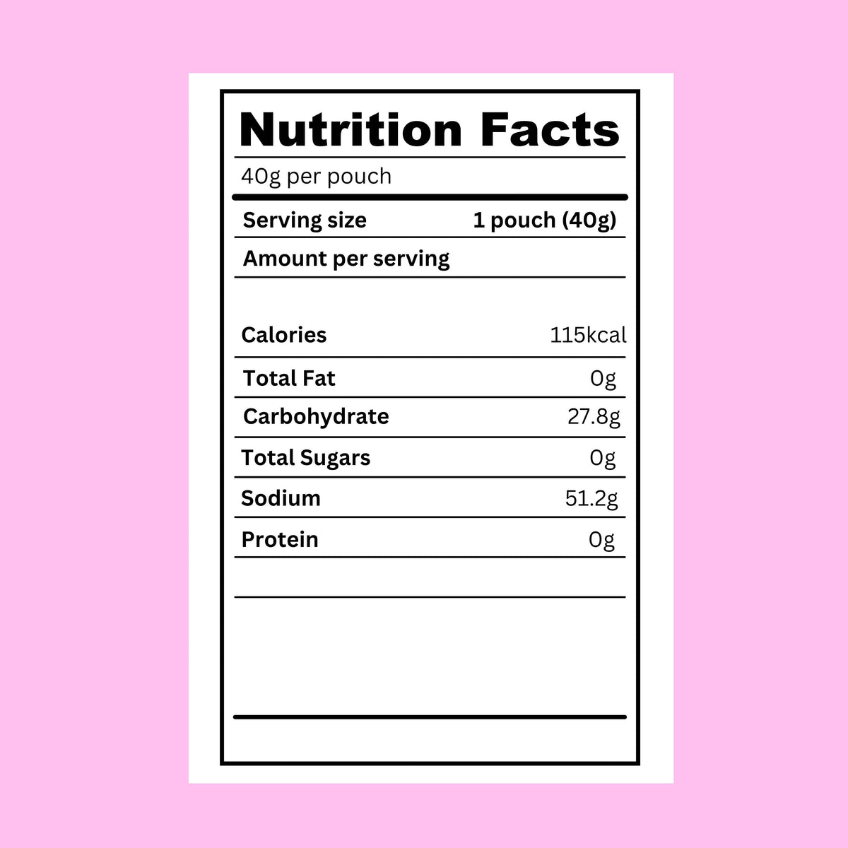 A Nutrition Facts label for a single pouch, shown centered on a solid pink background. The label is white with black text and border.