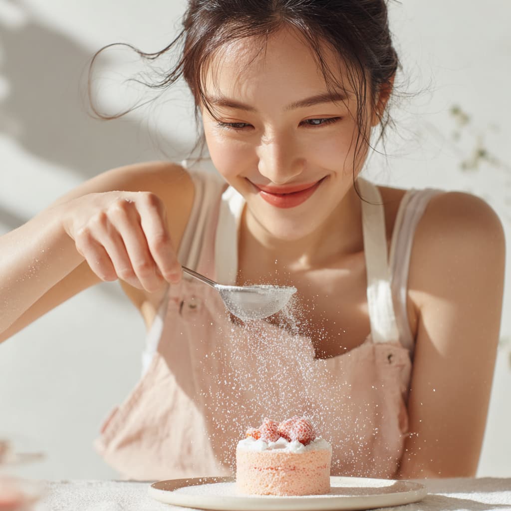 smiling woman in apron sprinkling powdered sweetner over a small strawberry cake in natural sunlight