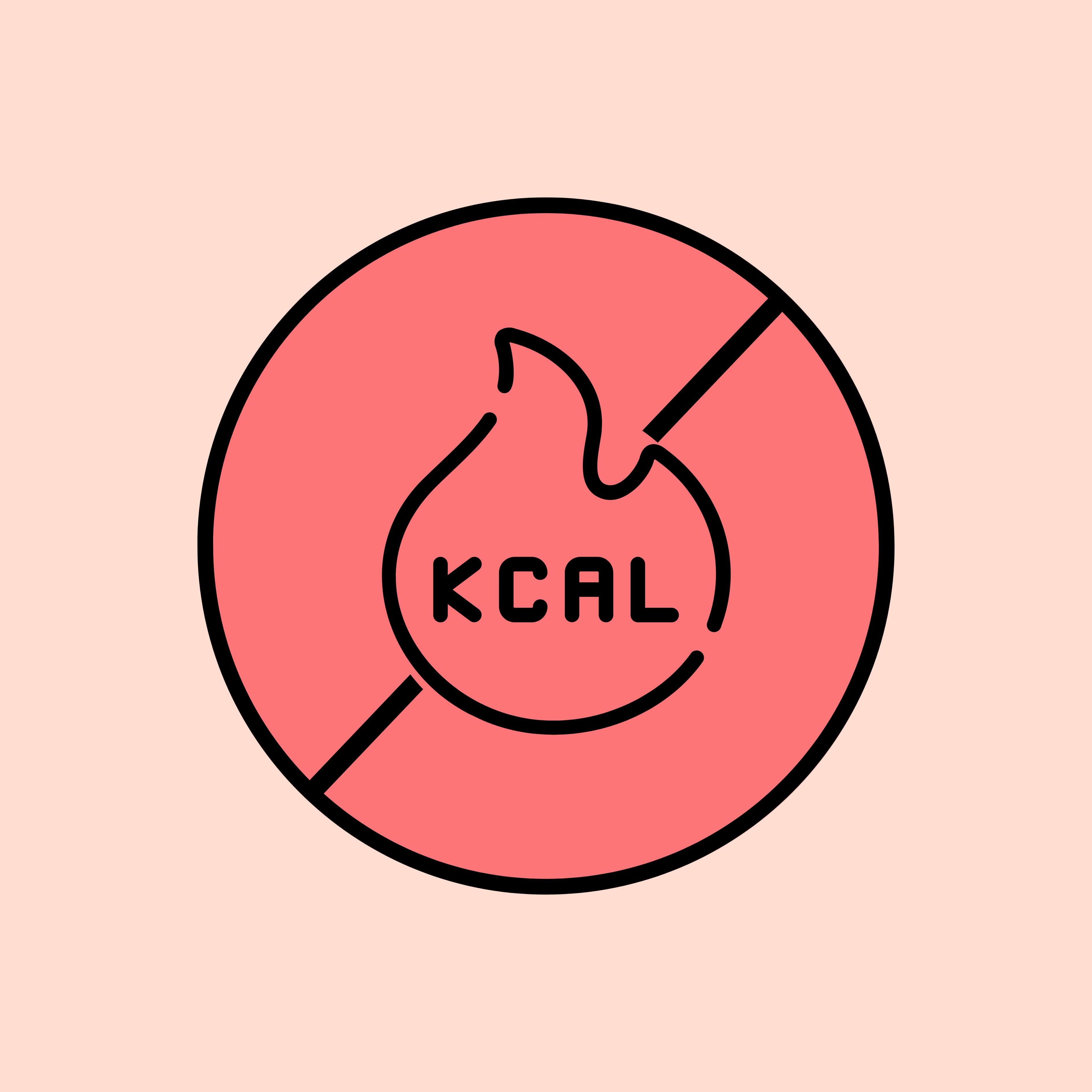 zero calorie icon with flame and kcal text inside red circle